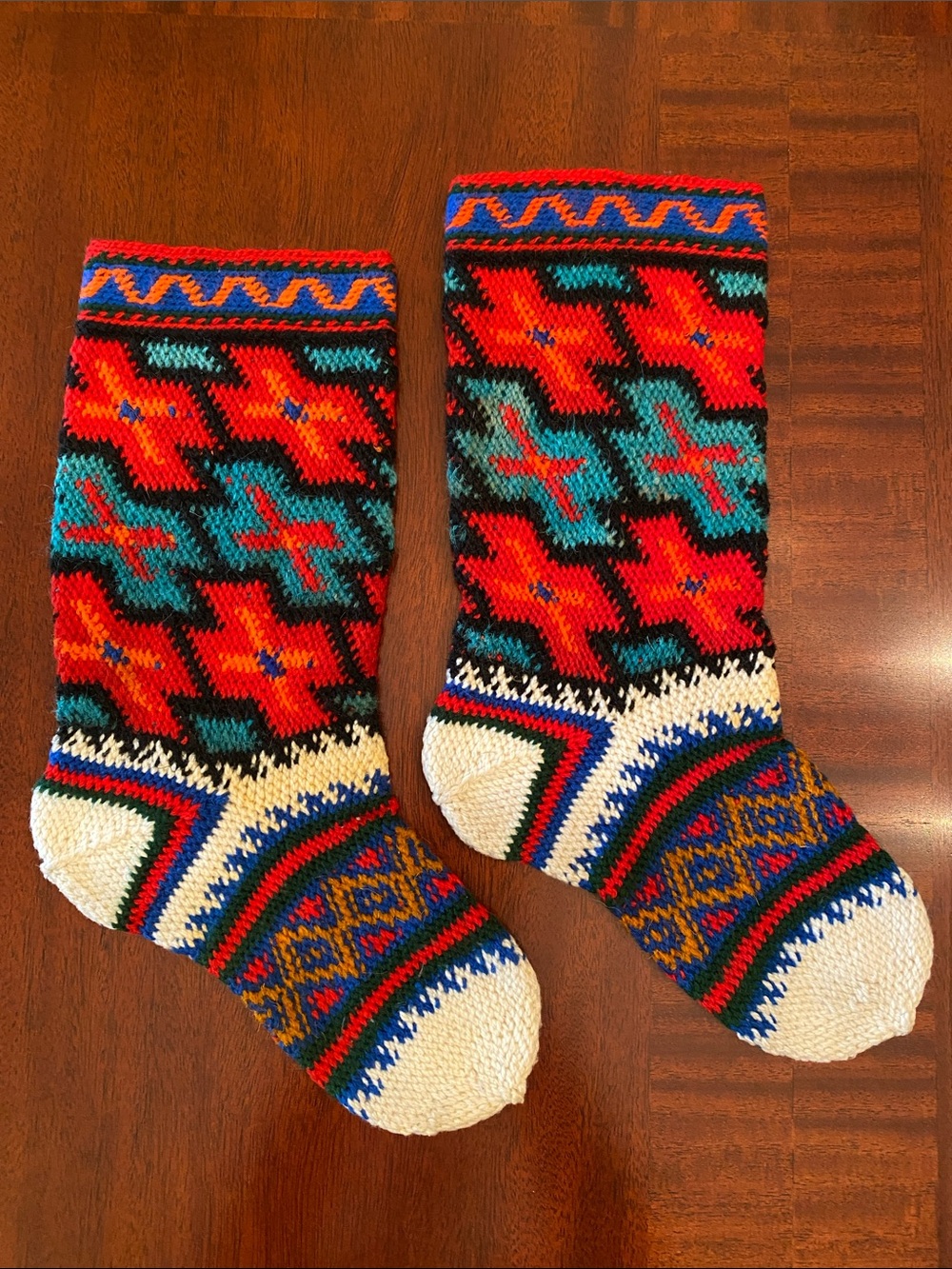 Hand knit Wool Christmas Stocking / Colorful Patterned Knit Socks - Multi-Color